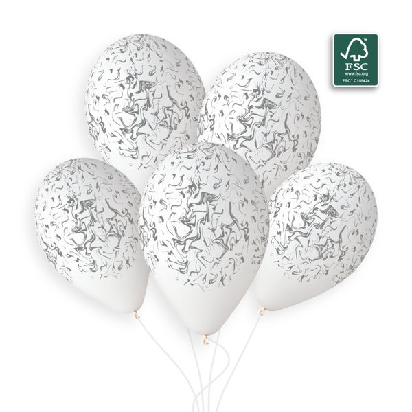 Lateksballonger  Marble hvit med sølv motiv 33cm